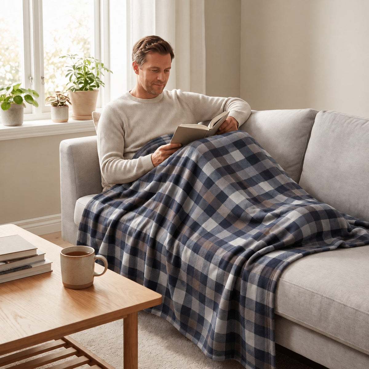 Mann liest auf dem Sofa unter der Therapiedecke mit Flanellbezug in Grau Kariert