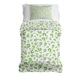 Set de ropa de cama con mantas terapéuticas y signos de interrogación verdes