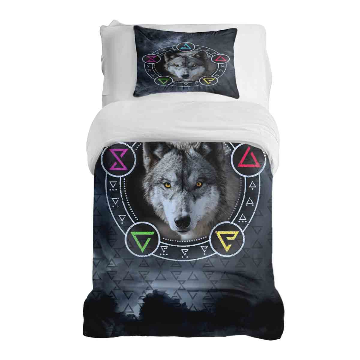 Juego de ropa de cama con manta terapéutica gris con lobo