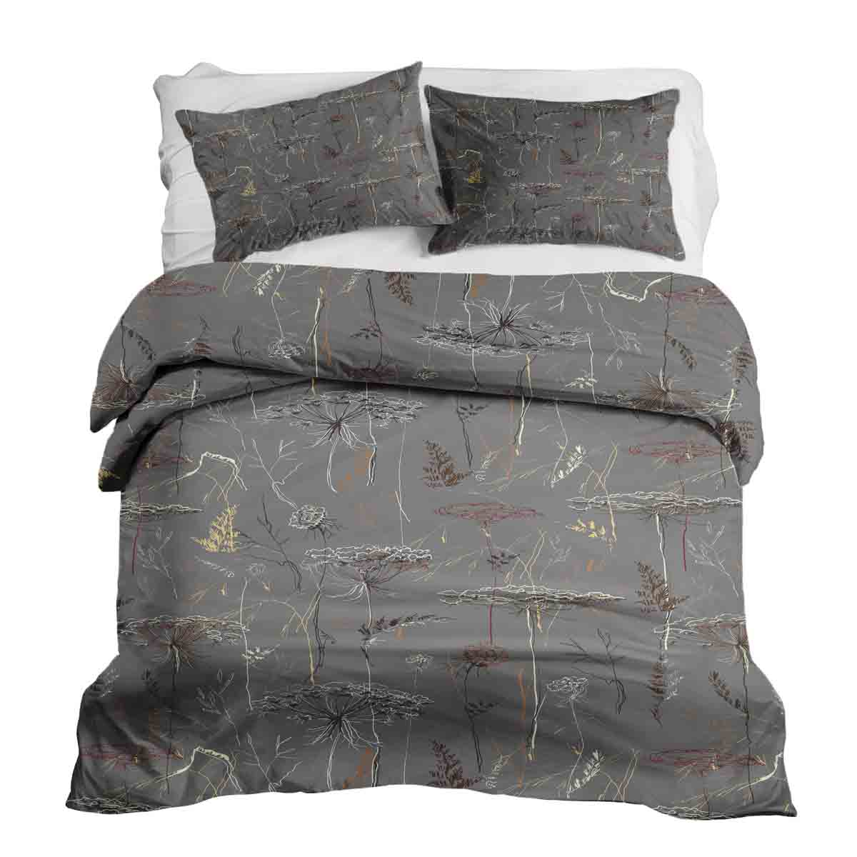 Set de ropa de cama con manta terapéutica gris con plantas doradas
