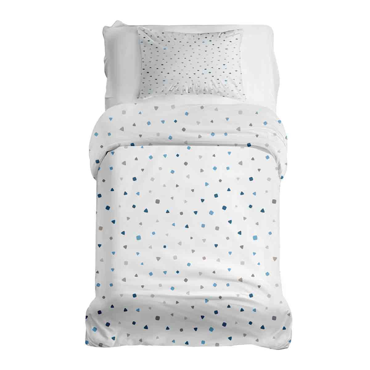 Set de ropa de cama con manta terapéutica blanca con pequeñas formas azules
