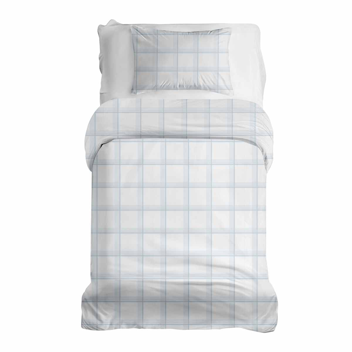 Set de ropa de cama con manta terapéutica blanco azul a cuadros