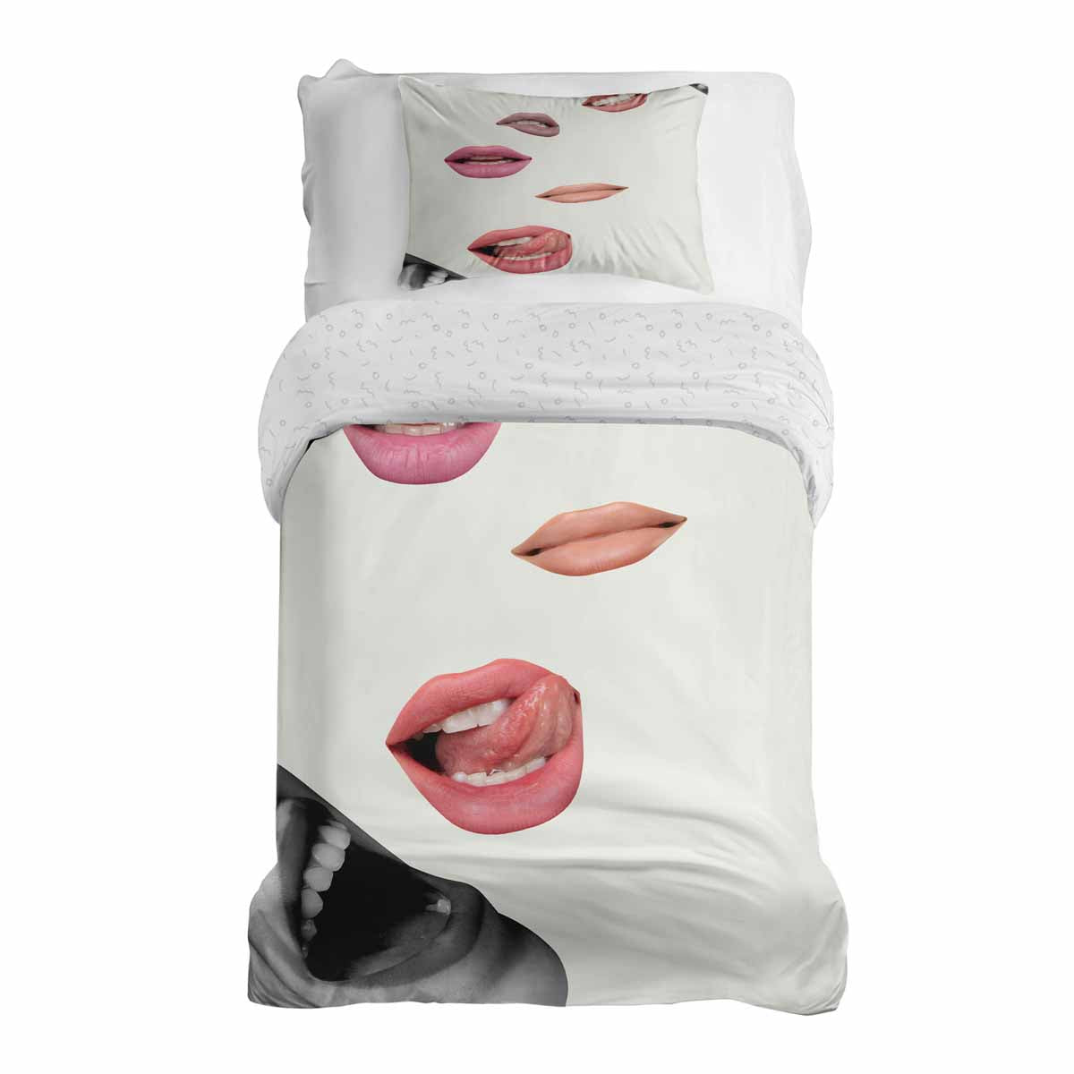 Set de ropa de cama con manta terapéutica blanca con labios