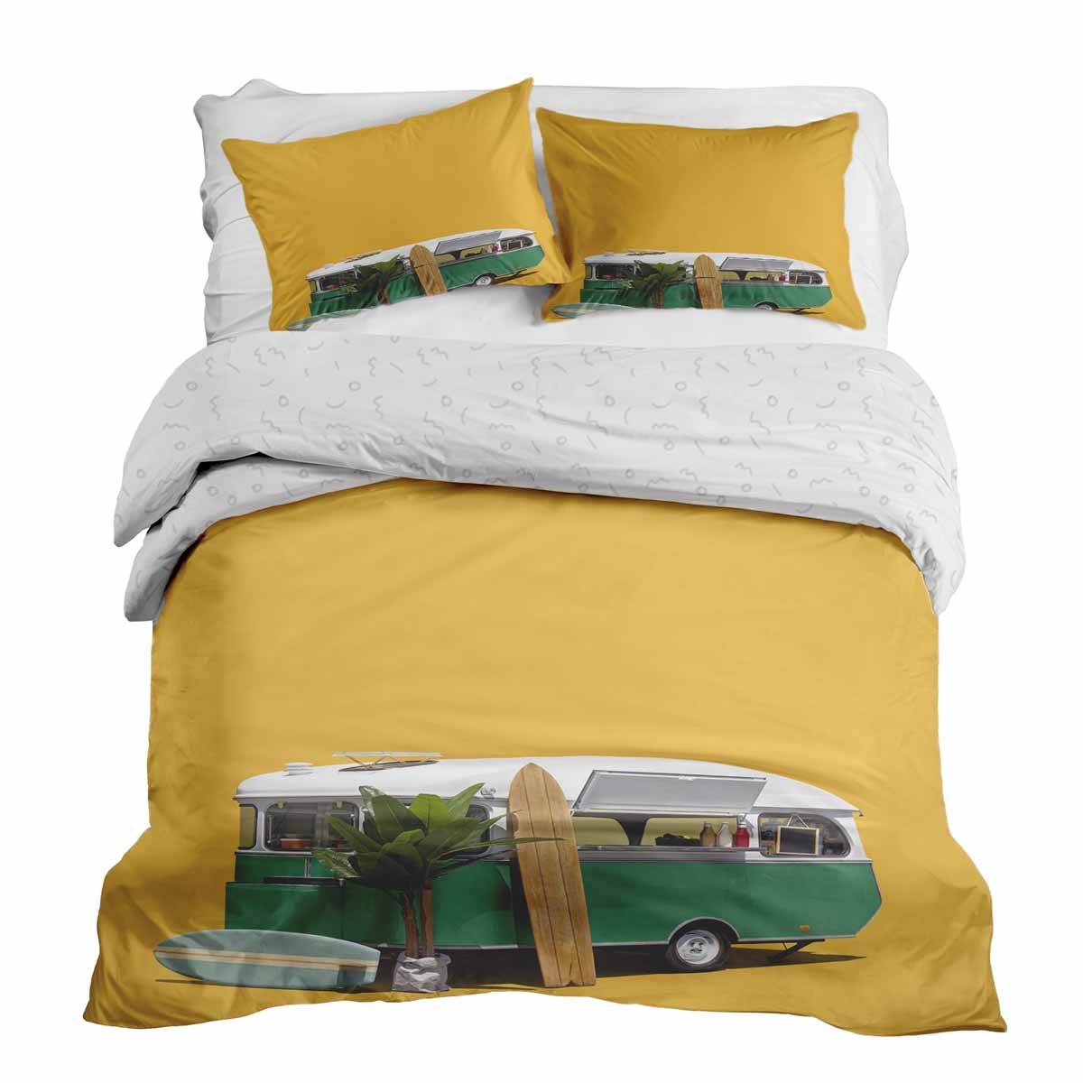 Set de ropa de cama con manta terapéutica amarillo con autobús