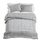 Set de ropa de cama con mantas terapéuticas blancas con delicadas formas azules