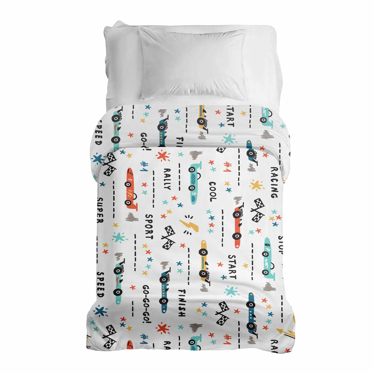 Manta terapéutica original - Funda de algodón blanca con coches de carreras