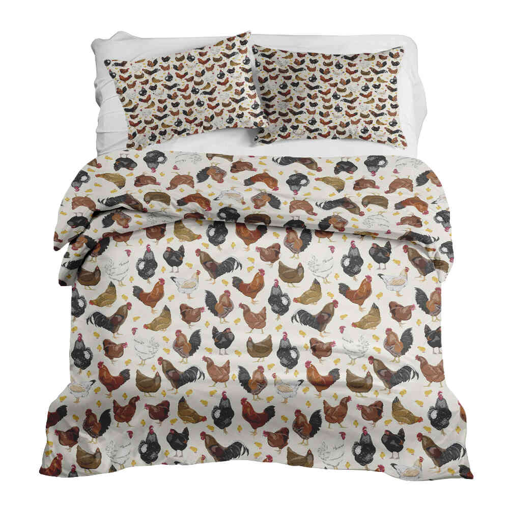 Set de ropa de cama de mantas terapéuticas blancas con muchas gallinas