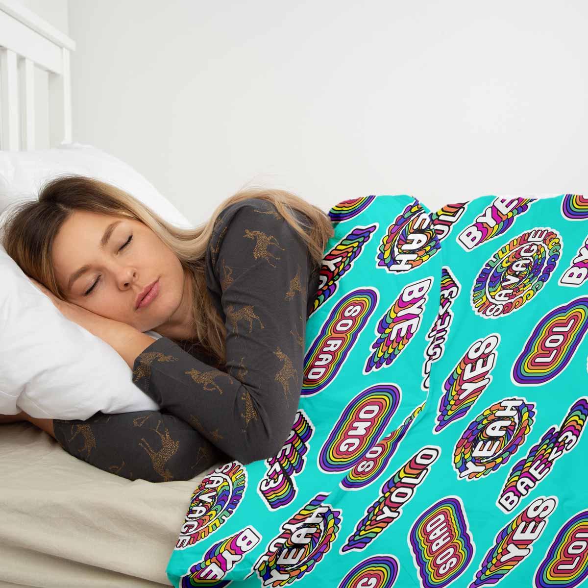 Set de ropa de cama con mantas terapéuticas turquesa con frases