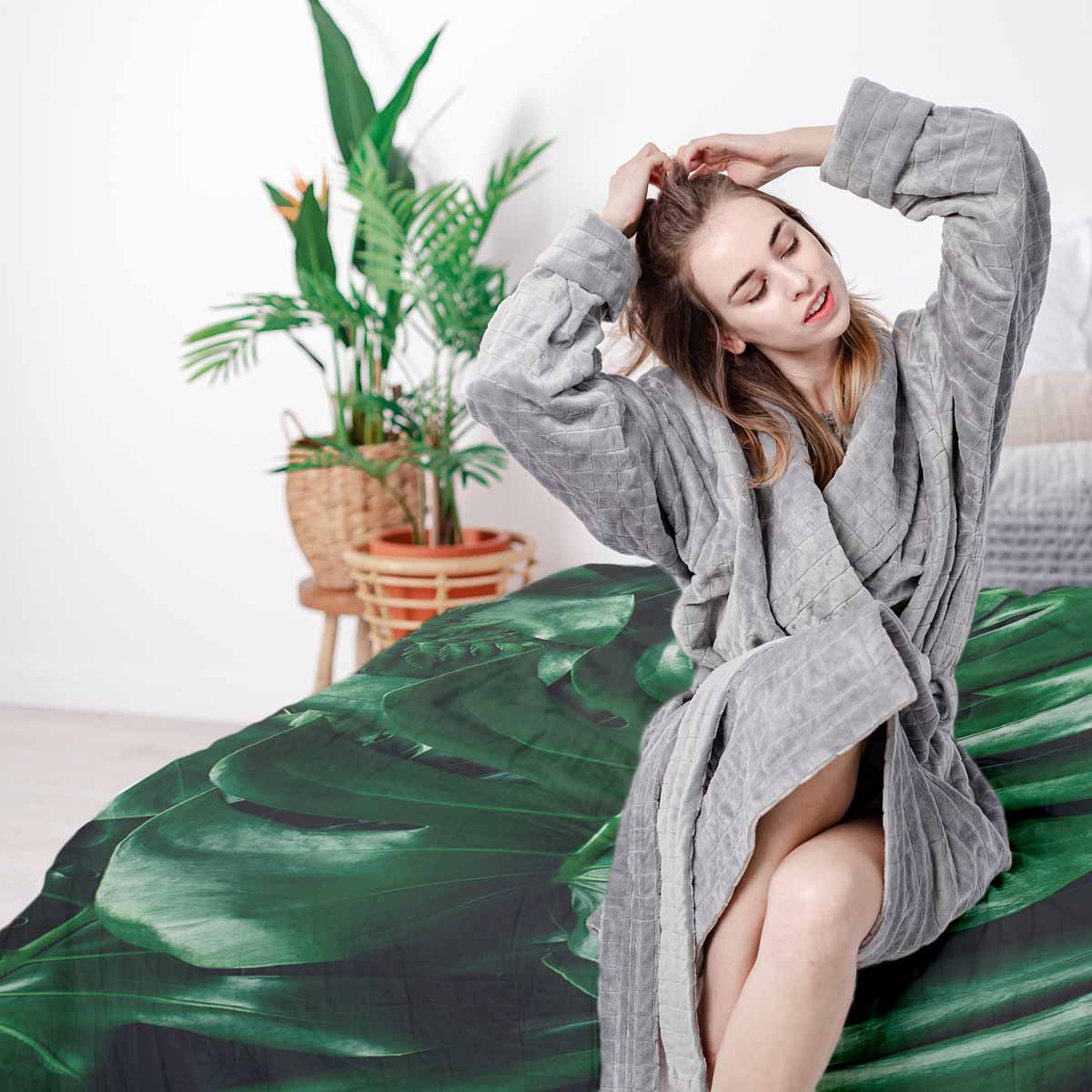 Set de ropa de cama con manta terapéutica y planta Monstera