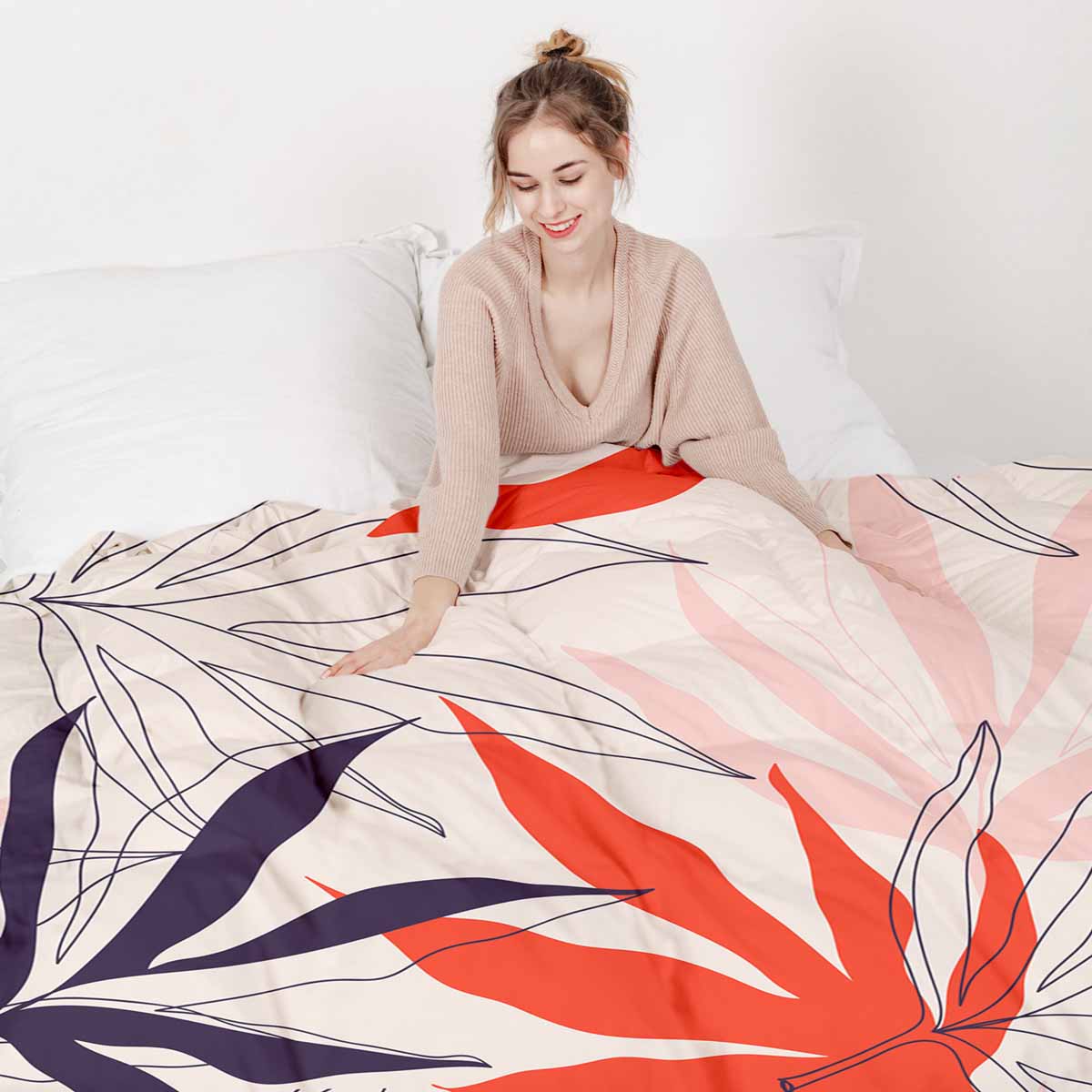 Set de ropa de cama con manta terapéutica beige con hojas de colores