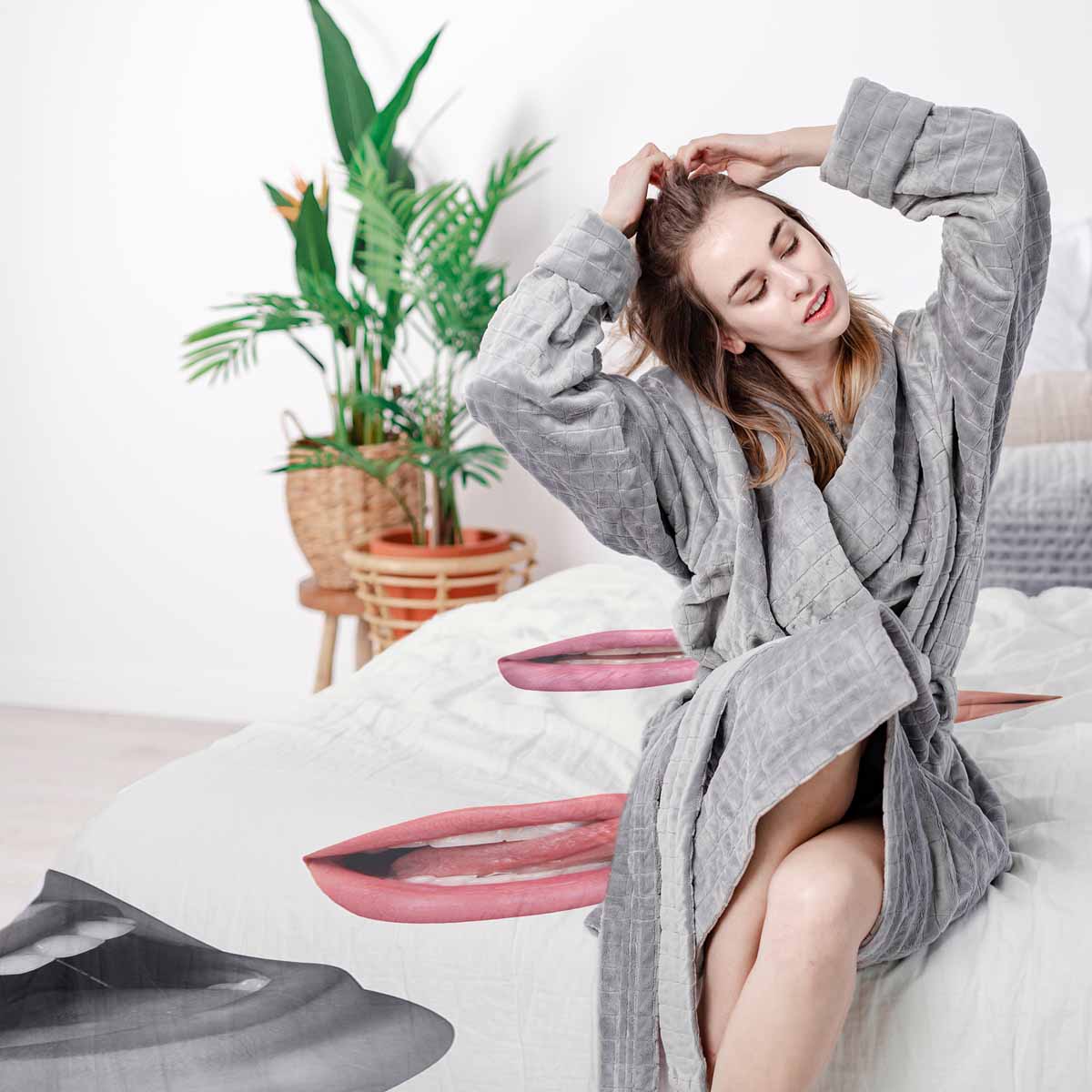 Set de ropa de cama con manta terapéutica blanca con labios