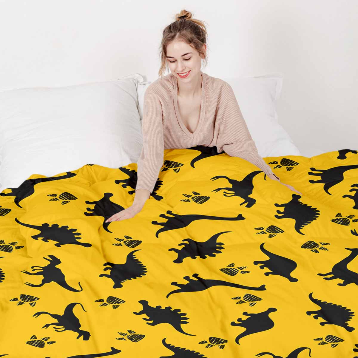 Juego de ropa de cama con mantas terapéuticas amarillo con dinosaurios