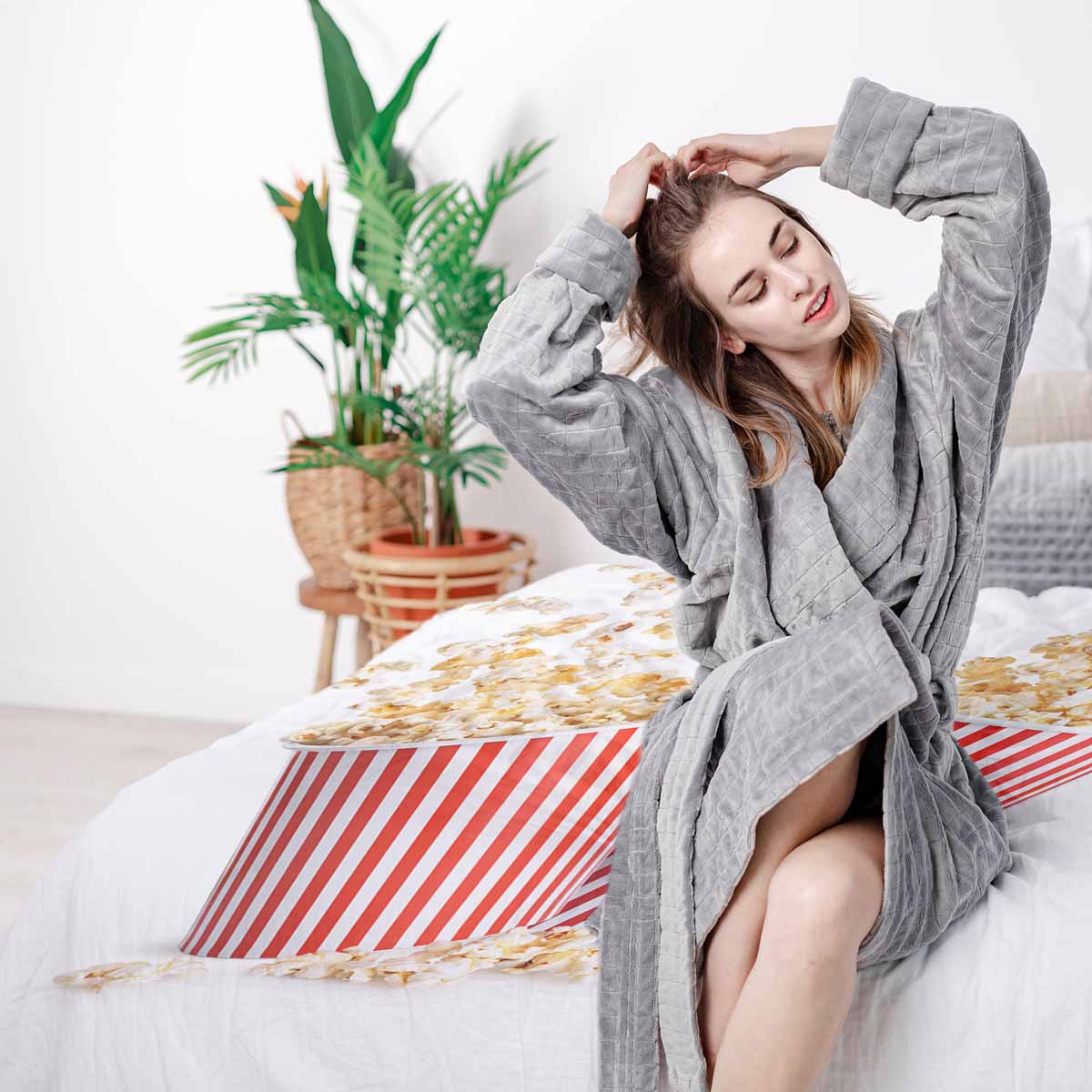 Juego de ropa de cama para terapia con manta blanca con palomitas de maíz