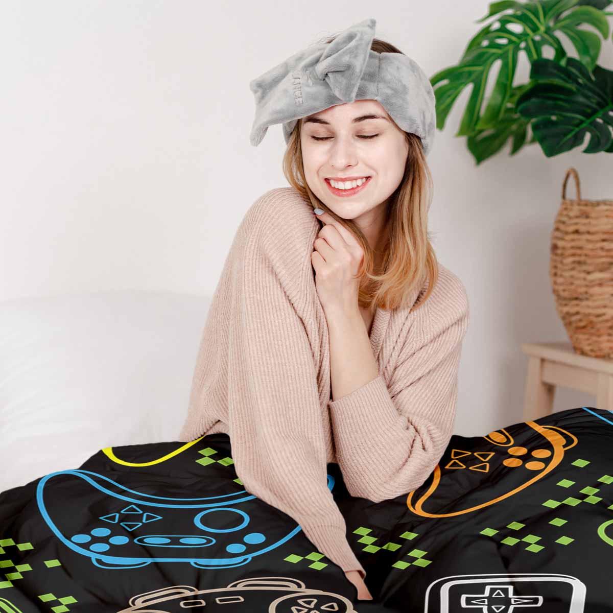 Juego de ropa de cama para terapia con mantas negro con consolas de juegos