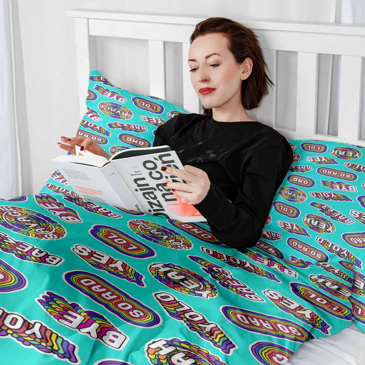 Set de ropa de cama con mantas terapéuticas turquesa con frases