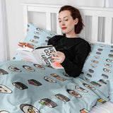 Set de ropa de cama con manta terapéutica azul claro con sushi