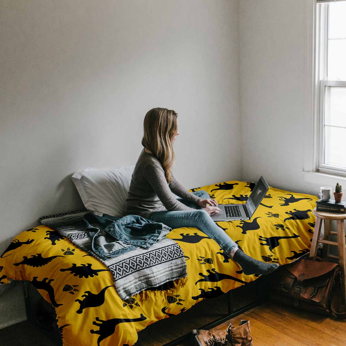 Juego de ropa de cama con mantas terapéuticas amarillo con dinosaurios