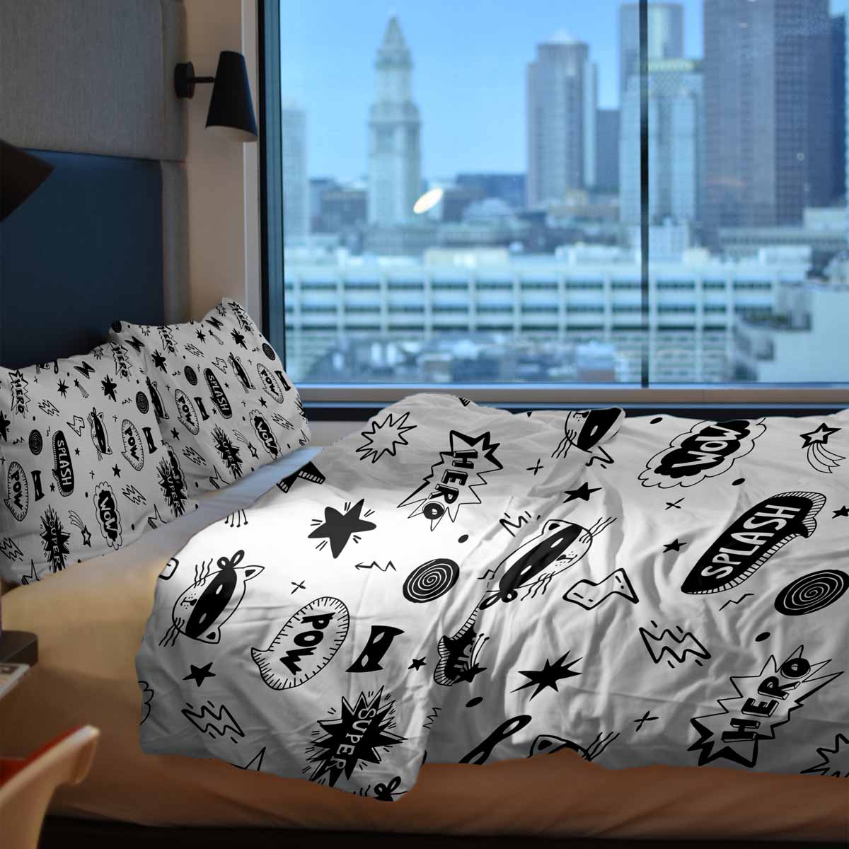 Juego de ropa de cama para terapia con mantas blancas con superhéroes