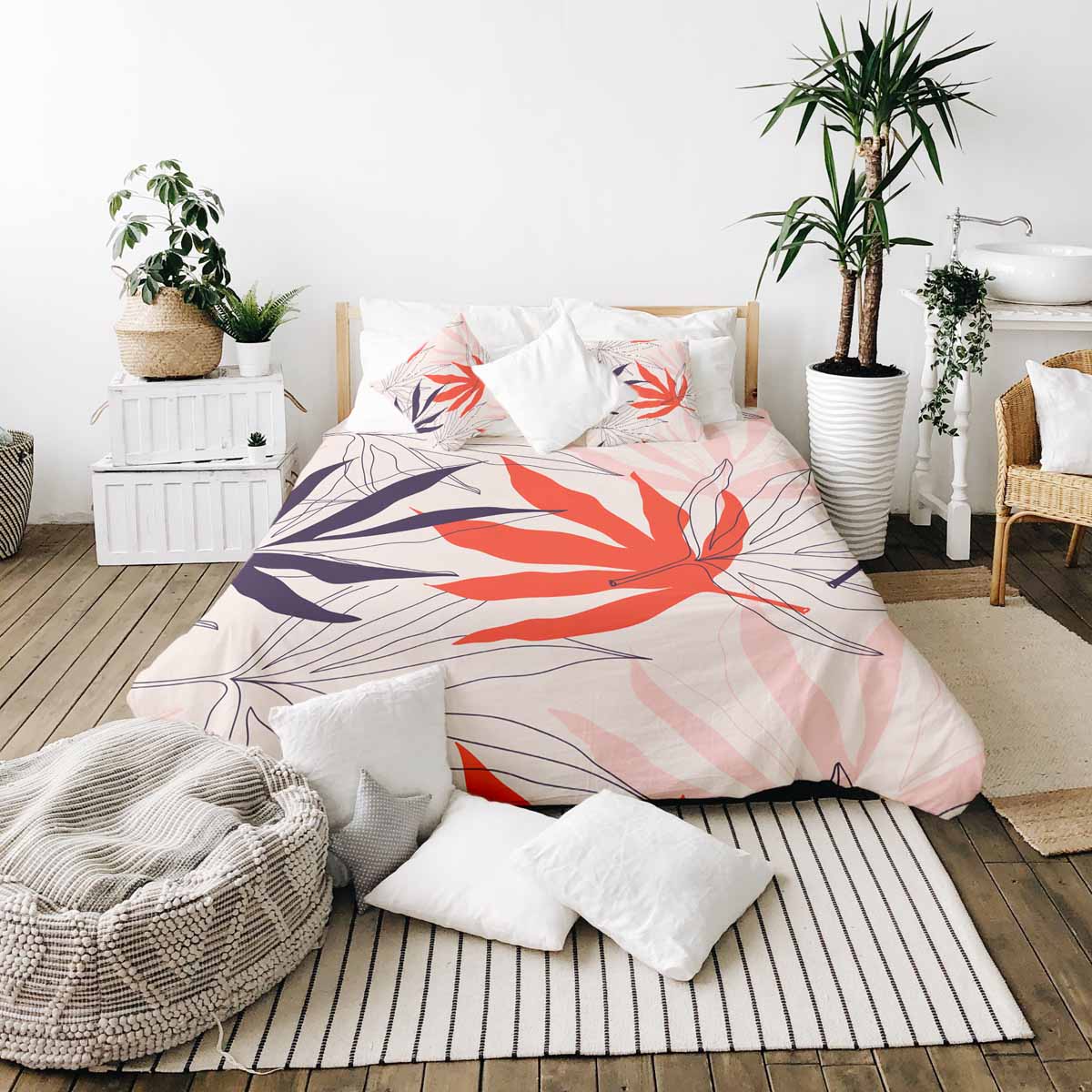 Set de ropa de cama con manta terapéutica beige con hojas de colores