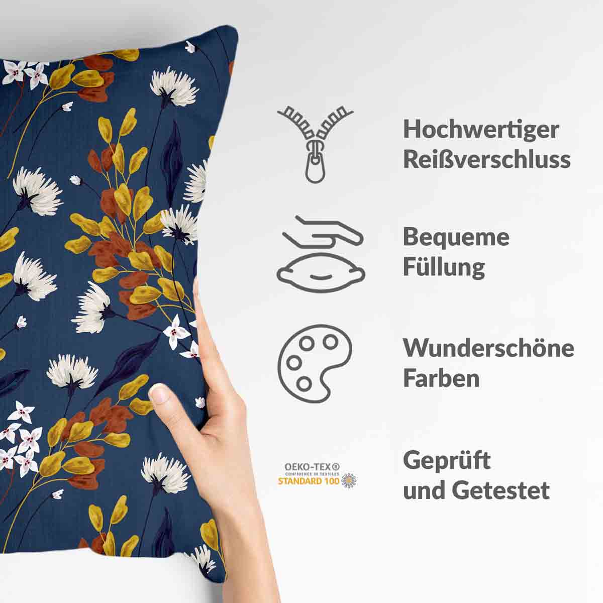 Almohada de salud azul con ramo de flores