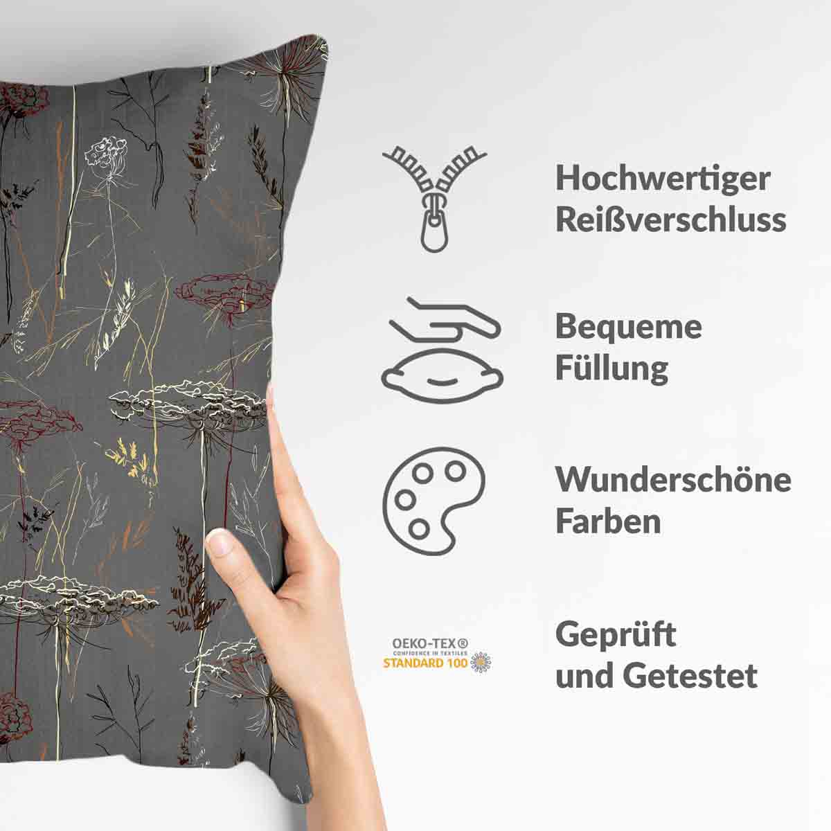 Almohada de salud gris con plantas doradas