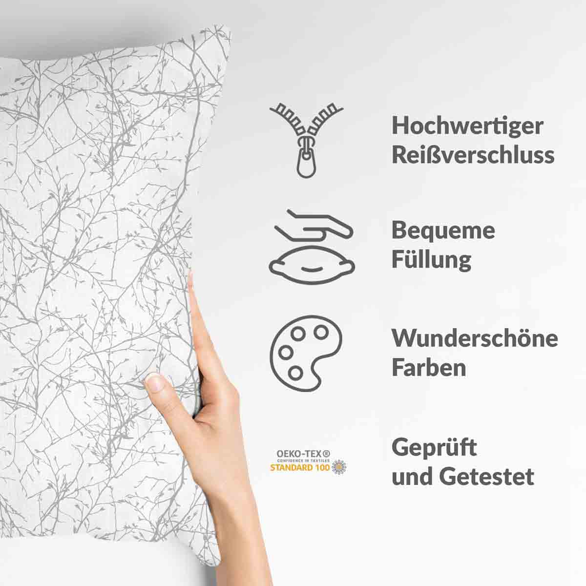 Almohada de salud blanca con delicadas ramas grises