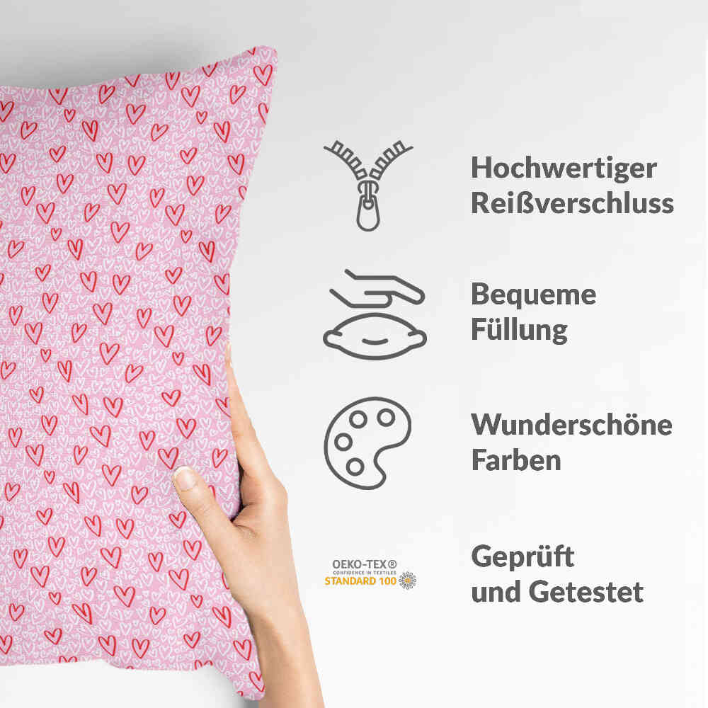 Almohada de salud rosa con corazones rojos