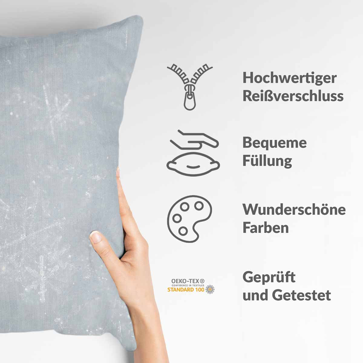 Almohada de salud gris con copos de nieve