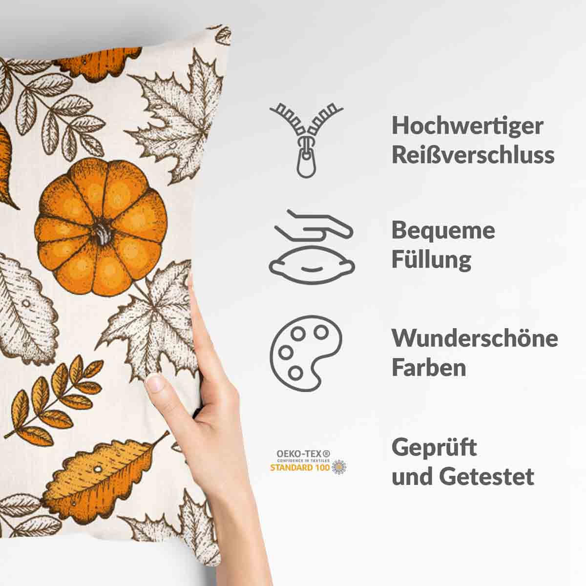 Almohada de salud blanca con hoja y calabaza