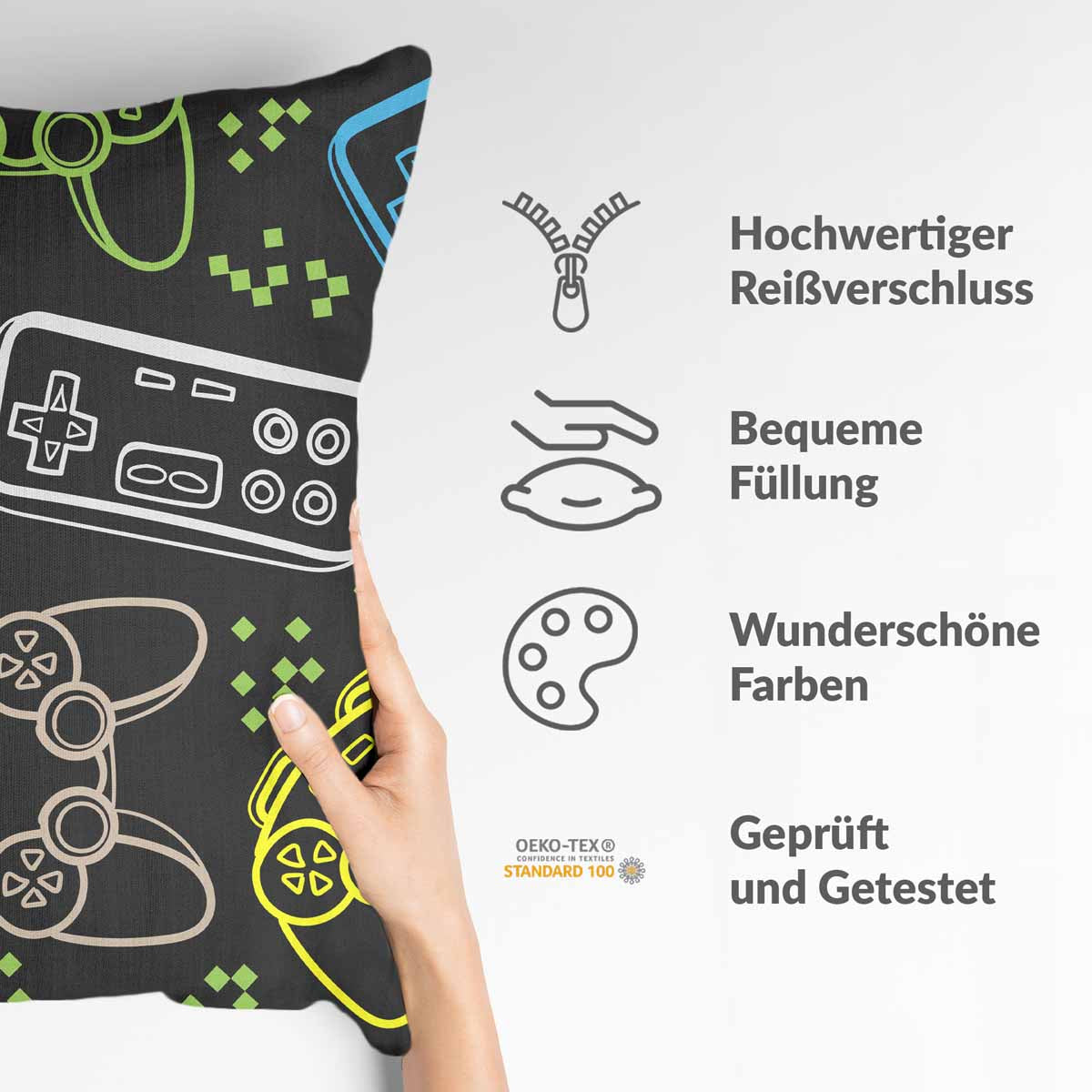 Almohada de salud negra con consolas de juegos