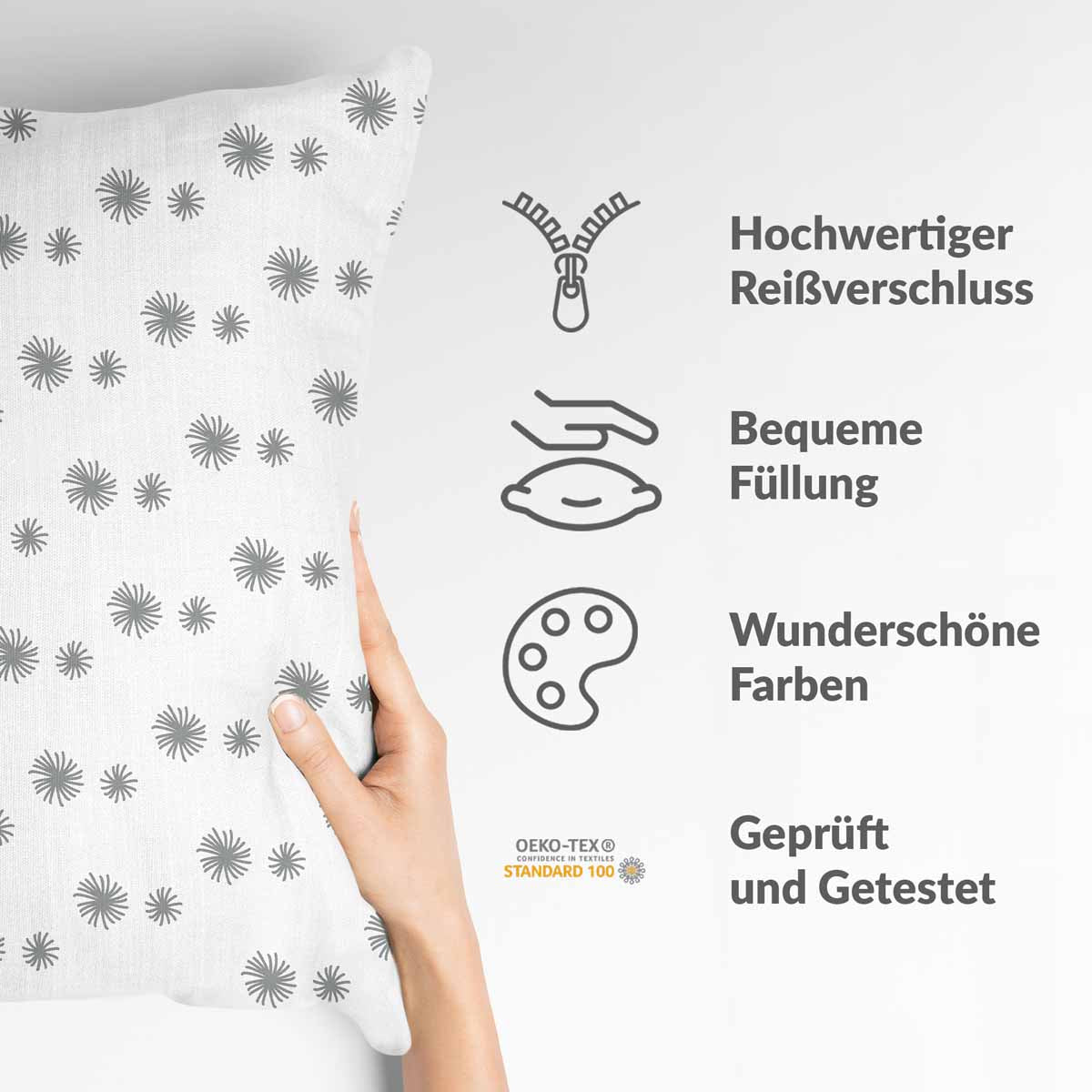 Almohada de salud blanca con borlas grises