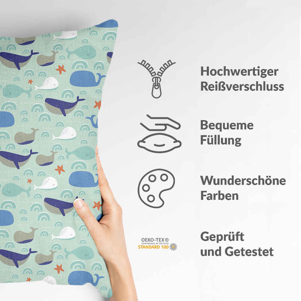 Almohada de salud verde con ballenas