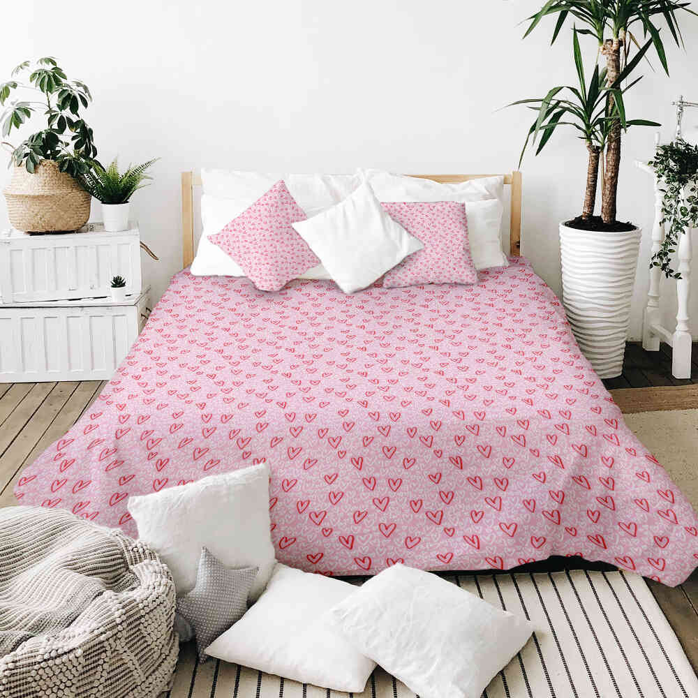 Set de ropa de cama con manta terapéutica rosa con corazones rojos