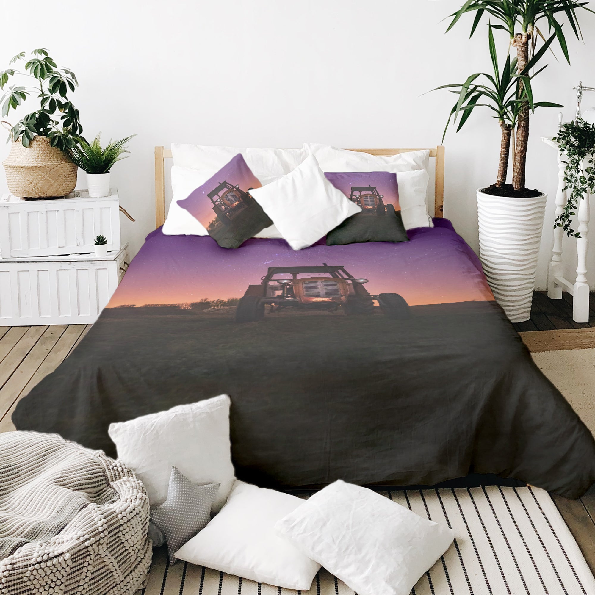 Set de ropa de cama con manta terapéutica lila con tractor