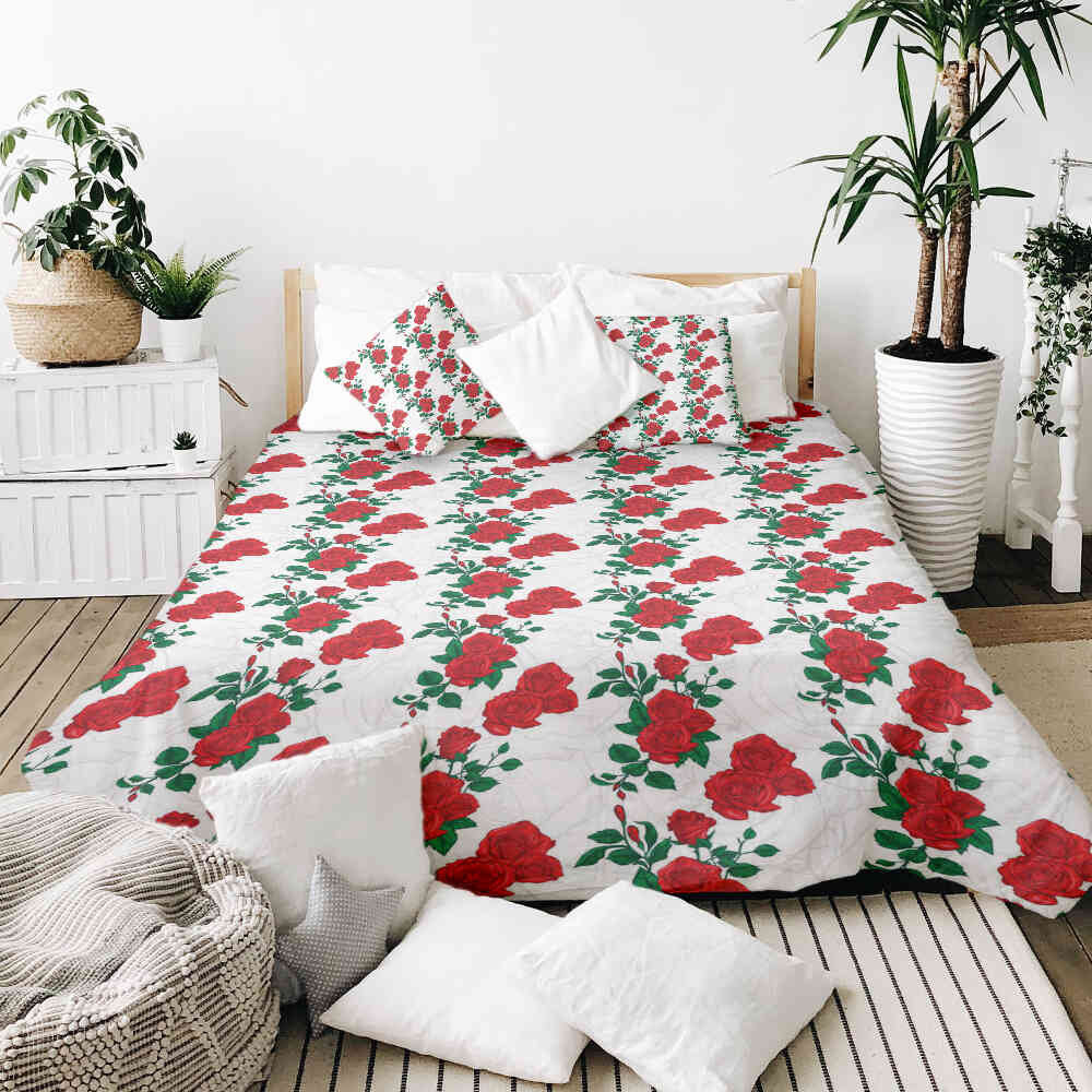 Juego de ropa de cama con manta terapéutica blanca con arbusto de rosas