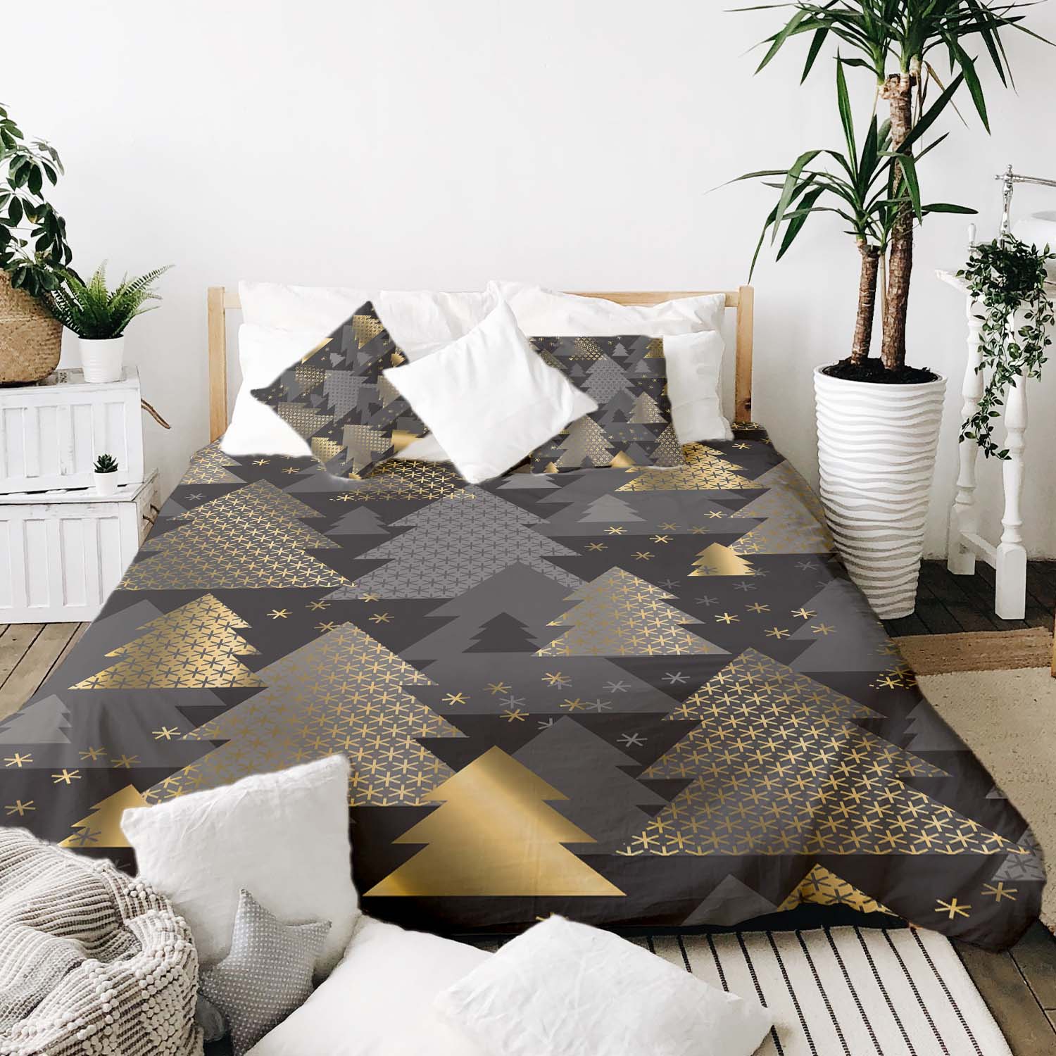 Set de ropa de cama con mantas terapéuticas y árboles de abeto dorados