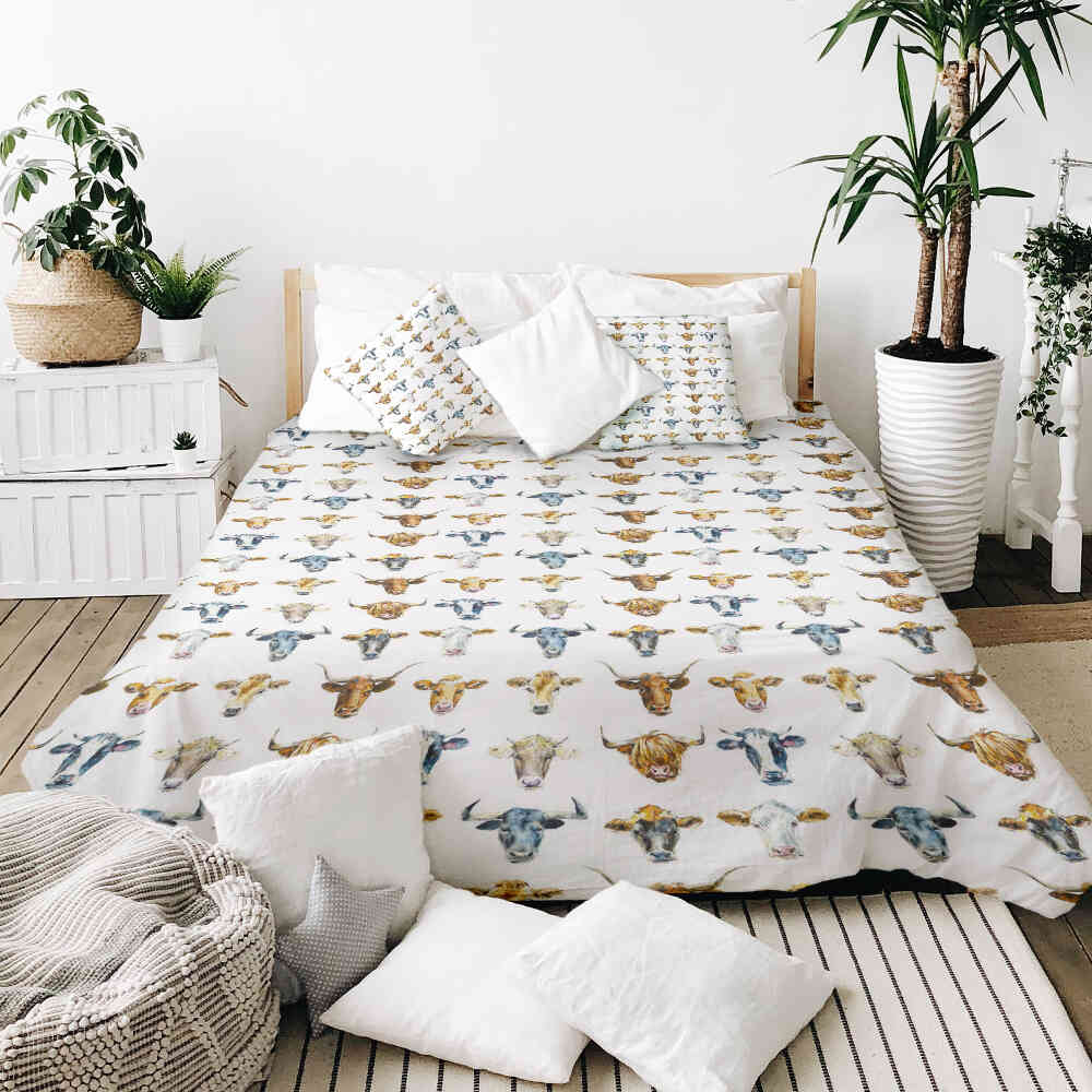 Juego de ropa de cama de mantas terapéuticas blancas con cabezas de toro