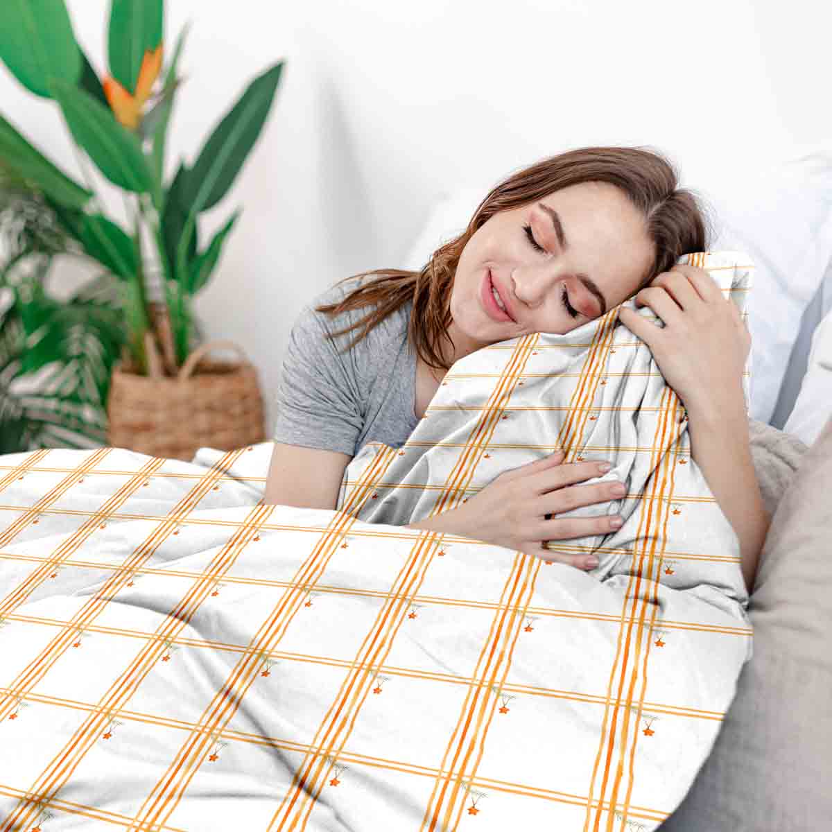 Set de ropa de cama con manta terapéutica amarillo a cuadros