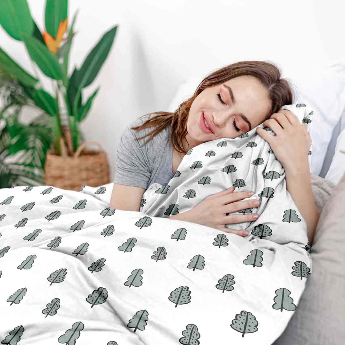 Juego de ropa de cama con manta terapéutica blanca con arbolitos