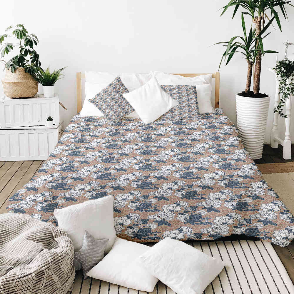 Juego de ropa de cama con mantas terapéuticas y flores