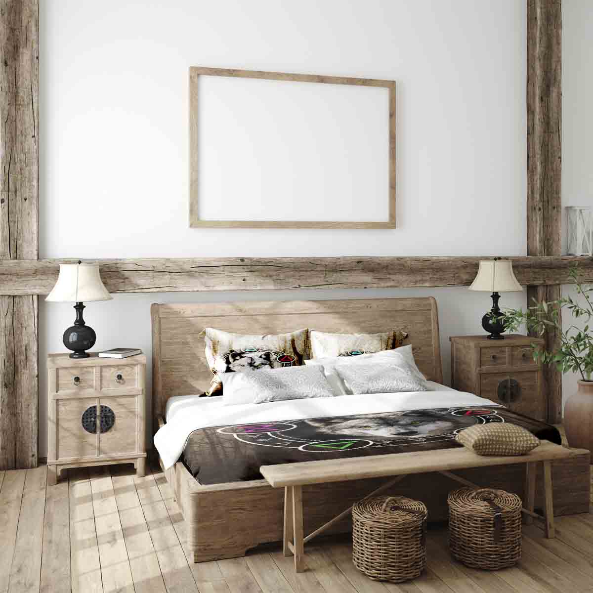 Juego de ropa de cama con manta terapéutica marrón con lobo