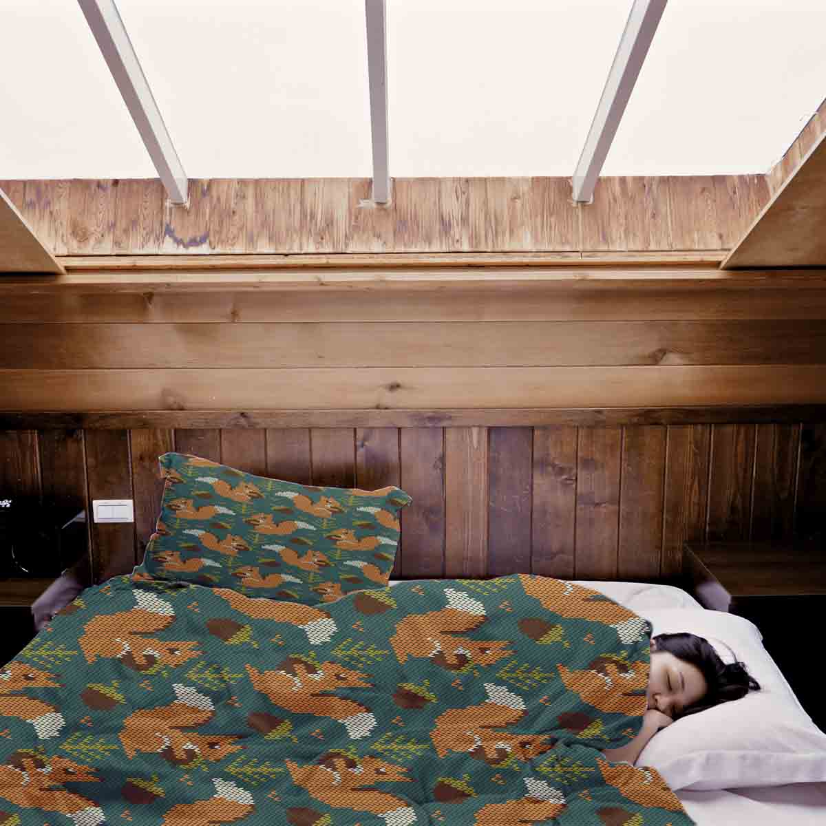 Set de ropa de cama con manta terapéutica verde con ardilla