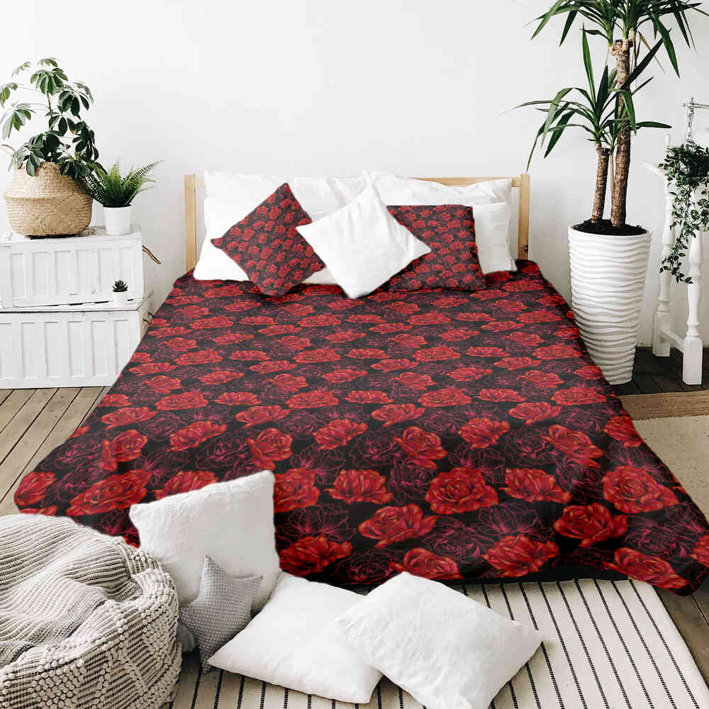 Juego de ropa de cama con manta terapéutica negro con rosas rojas