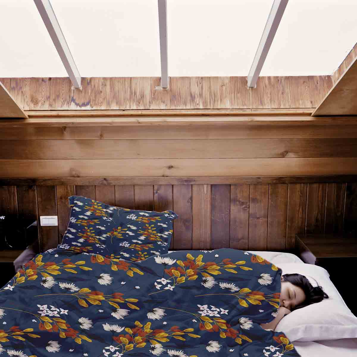 Set de ropa de cama con manta terapéutica azul con ramo de flores