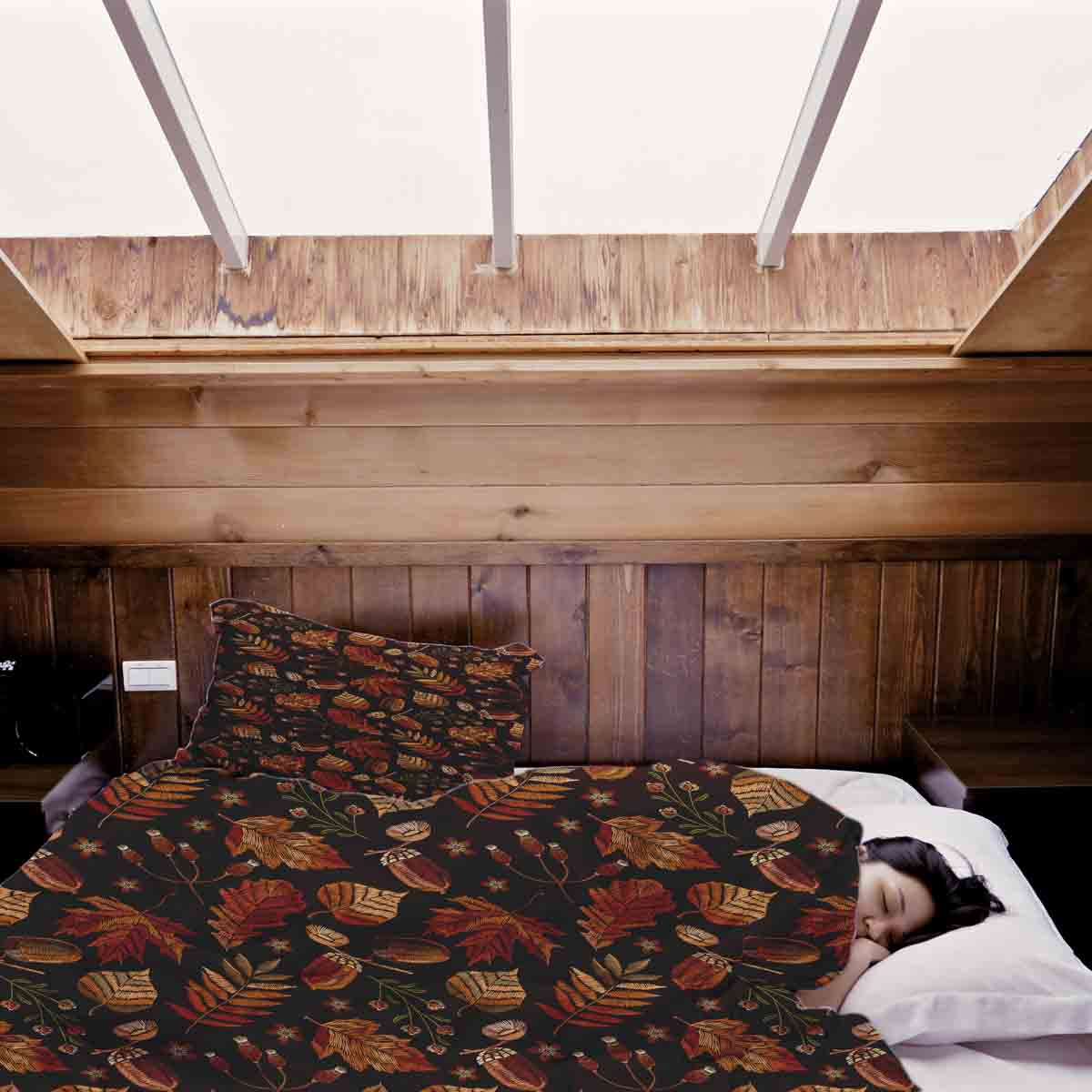 Set de ropa de cama con mantas terapéuticas hojas otoñales marrones