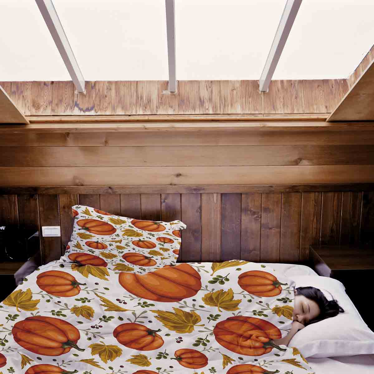 Juego de ropa de cama con mantas terapéuticas blancas con grandes calabazas