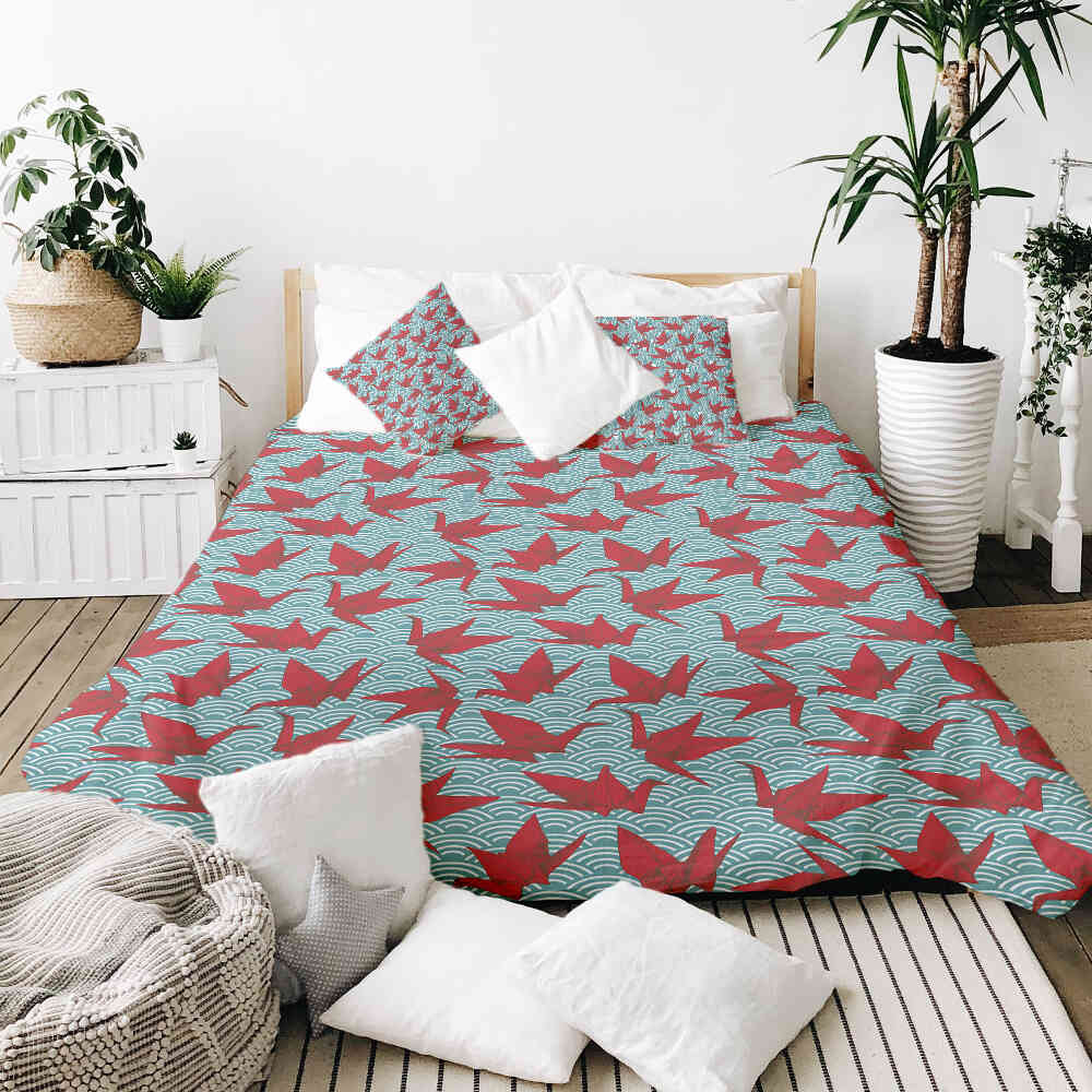 Set de ropa de cama con manta terapéutica rojo origami