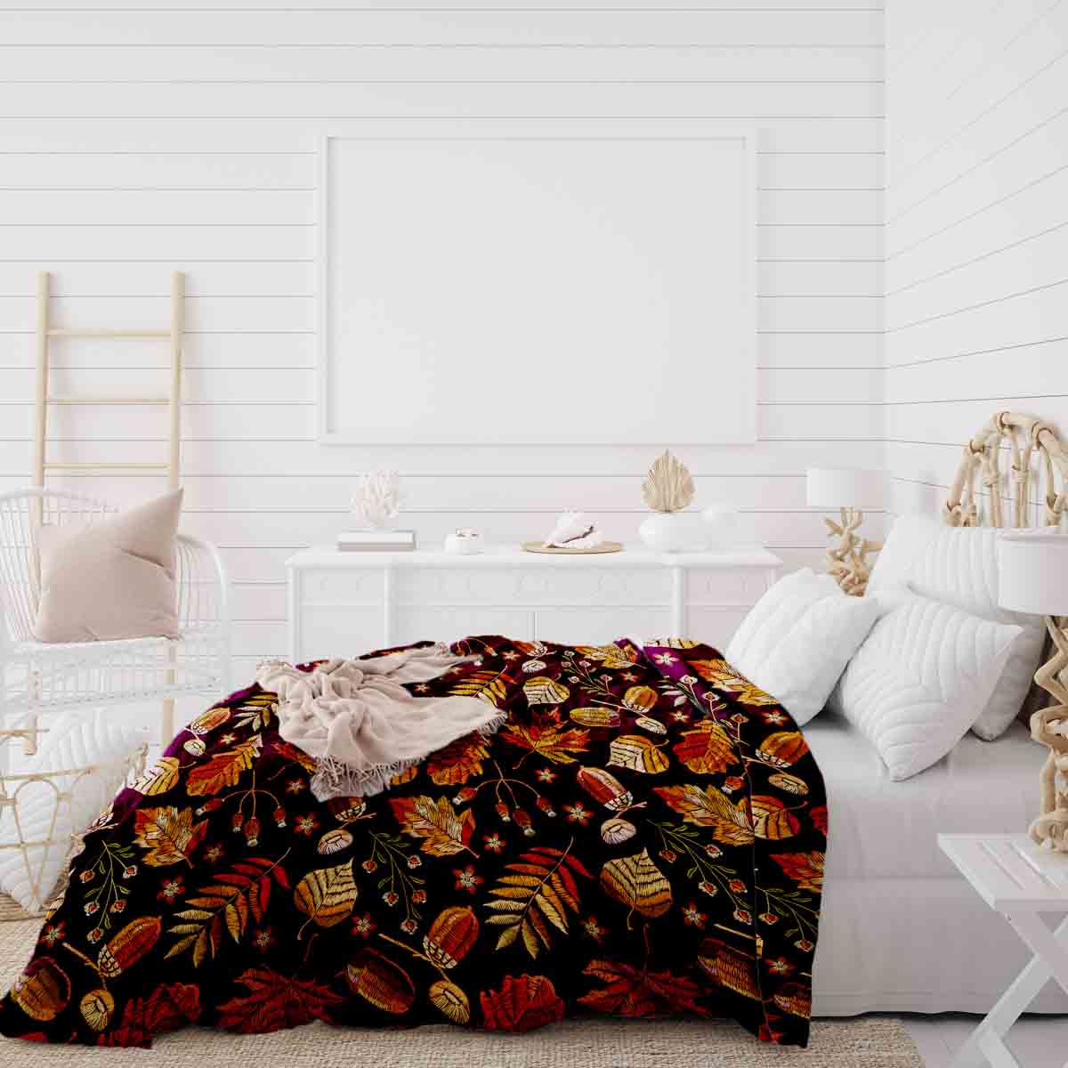 Set de ropa de cama con mantas terapéuticas hojas otoñales marrones