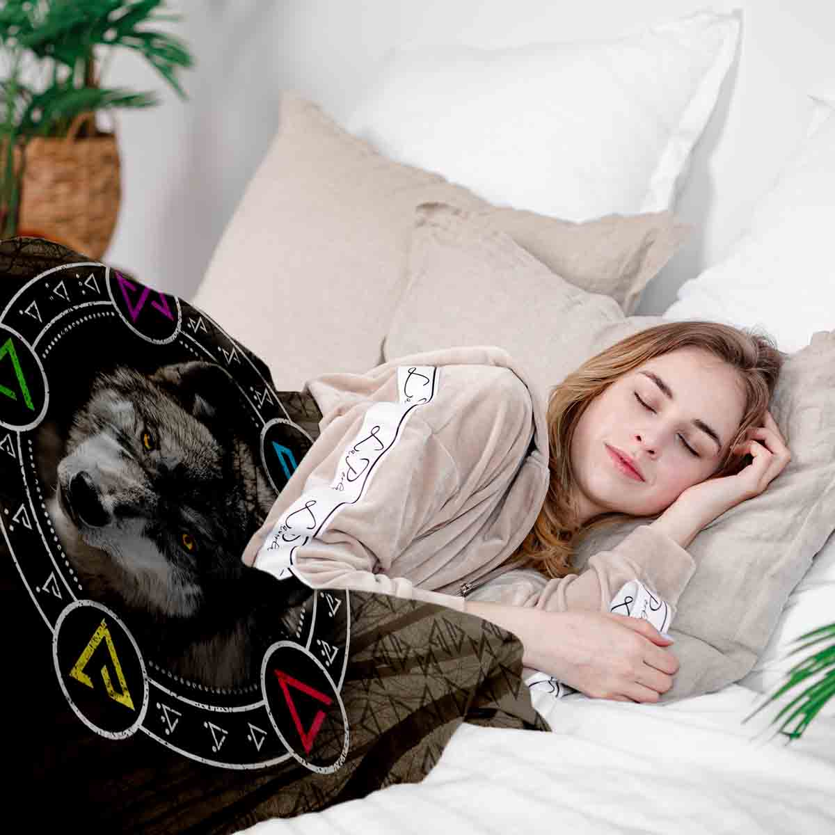 Juego de ropa de cama con manta terapéutica marrón con lobo