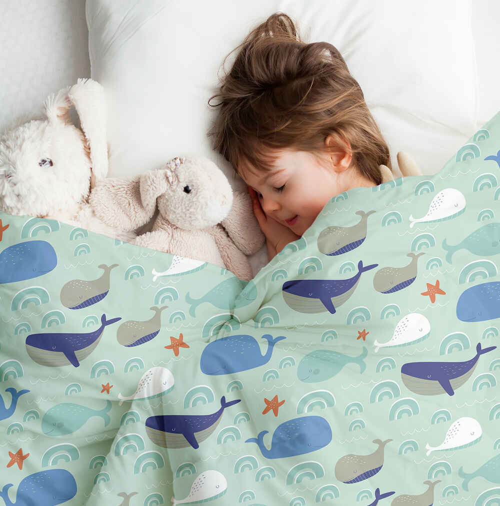 Set de ropa de cama con manta terapéutica verde con ballenas